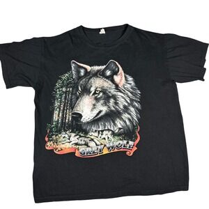 Vintage Grey Wolf T-Shirt Keya Mens L‎ Black Graphic Nature Tee